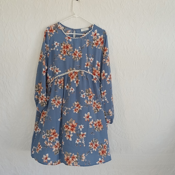 Perfect Peach Blue Babydoll Dress Floral Long Sleeve Crochet Waist Romantic Plus - Picture 12 of 12